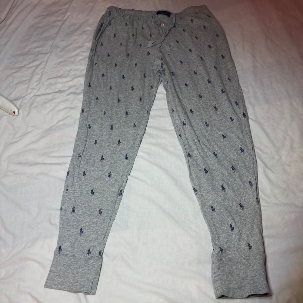Polo Ralph Lauren Grey All Over Pony Logo Cotton Knit Jogger Pajama Pants Size M